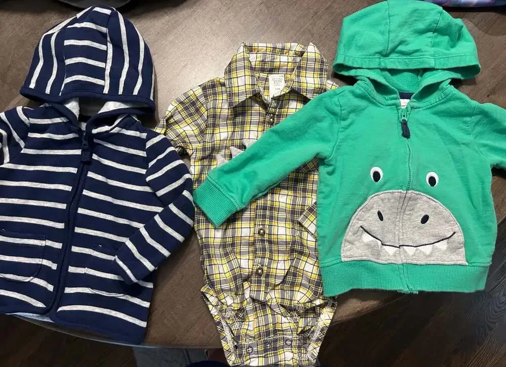 Carter's 12M Baby Boy 3-Piece Set: Dinosaur Hoodie, Striped Hoodie & Plaid onesi